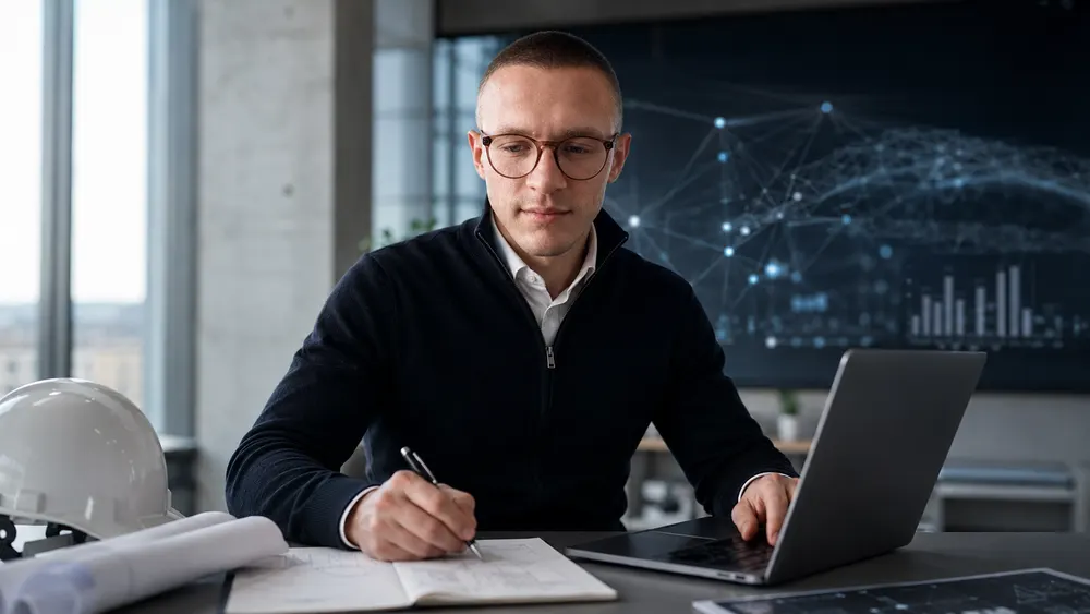 Joshua Pichler zwischen Bauplänen, Laptop und digitalen Auswertungen als Symbol für Lernen und Wandel